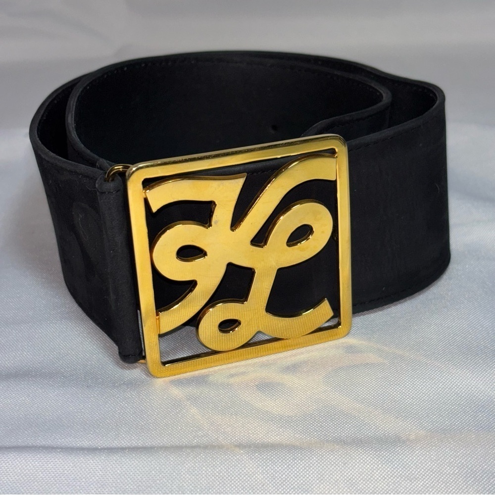 Vintage Karl Lagerfeld Black Suede Belt Gold Intricate KL Letters Square Buckle